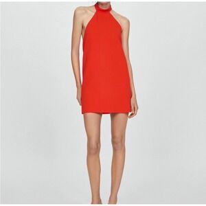 MNG Mango Red Halter Neck Shift Mini Dress Sleeveless Cocktail Size 8 L